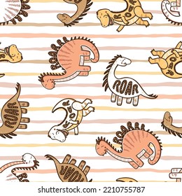 Vector Cute Dinosaur Seamless Pattern for kids. Childish Striped Background with Funny Dinosaurs.