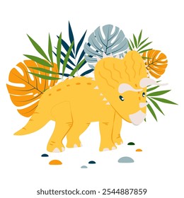 Vector cute dinosaur Triceraptops with palm and monstera leaves, t shirt print design, poster, card, party invitation