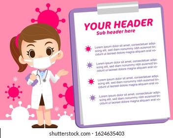 Vector cute doctor wearing mask with giant clipboard where you can put your text on 