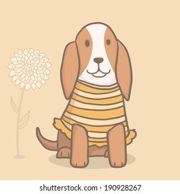 Vector cute dog Basset hound in dress with flower