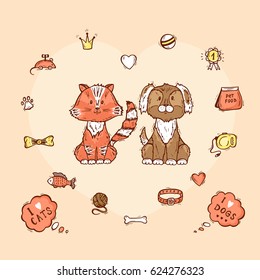 Vector Cute Dog and Cat together. Pet item set. Hand Drawn Doodle Puppy and Kitten and accessories for Pets