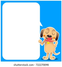 Vector cute dog character with blank message board on color background.