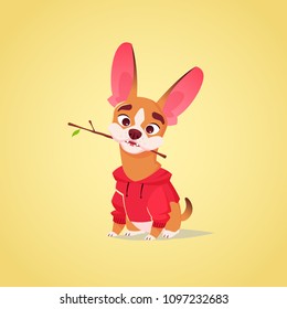 Vector cute dog character illustration. Cartoon style. Happy hungry french bulldog puppy in red hoodie with stick toy. Pet.