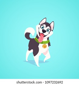 Vector cute dog character illustration. Cartoon style. Happy hungry corgi puppy with tongue out. Pet.