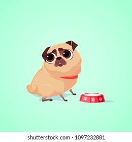 Vector cute dog character illustration. Cartoon style. Pity hungry pug puppy with bowl. Pet.