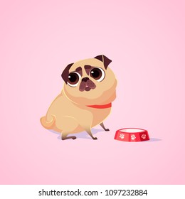 Vector cute dog character illustration. Cartoon style. Pity hungry pug puppy with bowl. Pet.