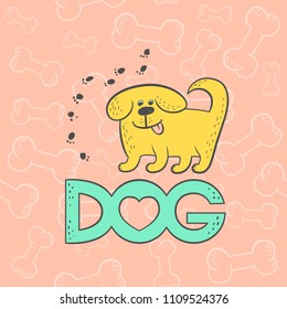 Vector cute dog funny caricature animal cartoon character. Contour flat card bright pet isolated colorful sketch illustration. Seamless background with bones, inscription and heart.