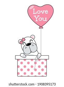 Vector of cute dog in gift box with heart balloon. Valentine's concept. eps 10 vector