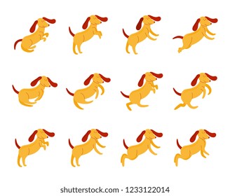 Vector cute dog with long ears set. Funny puppy in different poses running sleeping sitting . Domestic animal animation illustration
