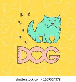 Vector cute dog mastiff. Funny caricature animal cartoon character. Contour flat card bright pet isolated colorful sketch illustration. Seamless background with bones, inscription and heart.