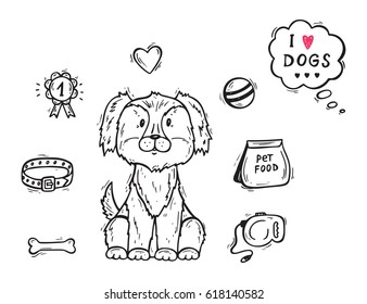 Vector Cute Dog. Pet item set. I love dogs. Hand Drawn Doodle Puppy and accessories for Pets