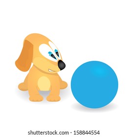 vector Cute dog playing with blue fitness ball. vector cartoon puppy character