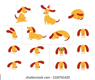 Vector cute dog set  Funny puppy in different poses  various face emotion    angry  sad  happy   sticking out tongue  Dog running sleeping sitting in santa hat  Domestic animal animation illustration