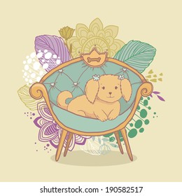 Vector cute dog Shih tzu sitting in armchair like a princess on floral background