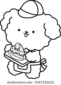 un Vector de un perro lindo y una rebanada de pastel de fresa en color blanco y negro