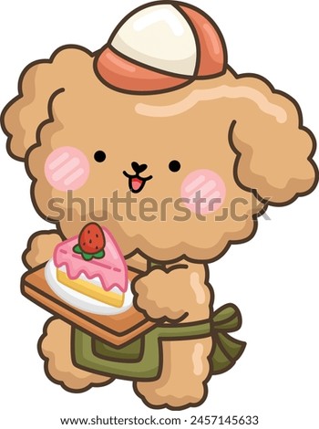 a vector of a cute dog and a slice of strawberry cake
