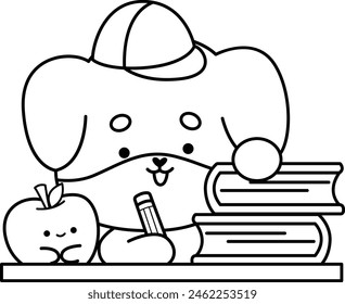 a vector of a cute dog studying in black and white coloring