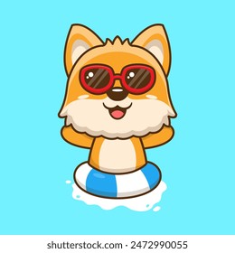 Vector cute dog in sunglasses floating with swimming. flat cartoon style