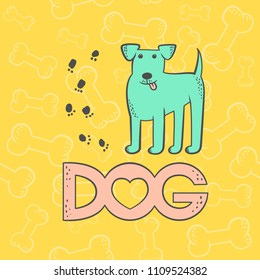 Vector cute dog terrier. Funny caricature animal cartoon character. Contour flat card bright pet isolated colorful sketch illustration. Seamless background with bones, inscription and heart.