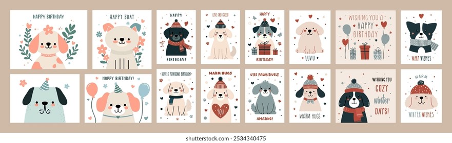 Vector Cute Dog Themed Greeting Cards Set - Perfect for Birthdays and Winter Wishes