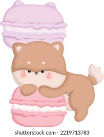 a vector of a cute dog with two macaron