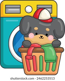 a vector of a cute dog with a washing machine