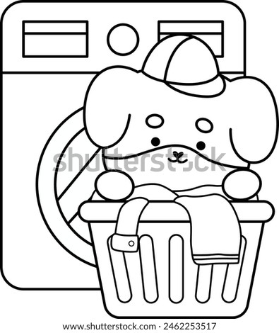 a vector of a cute dog with a washing machine in black and white coloring