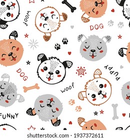 Vector Cute Dogs Seamless Pattern. Childish Background with Funny Puppy Heads. Baby Animals Drawing for Tee Print for Kids