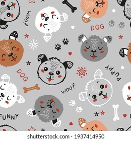 Vector Cute Dogs Seamless Pattern. Childish Background with Funny Puppy Heads. Baby Animals Drawing for Tee Print for Kids