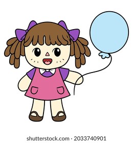 Vector Cute Doll Holding a Balloon Cartoon Illustration