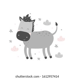 Vector cute donkey, clip art on white background Pastel colors Baby animal with flowers Nursery wall art