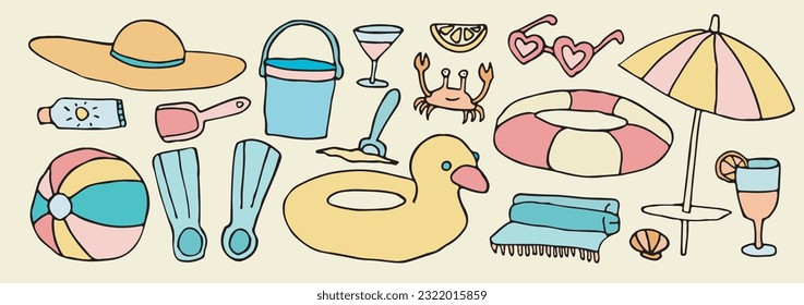 Vector Cute doodle beach set, outline tropical sea vacation accessory, Shell, crab, rubber duck kids collection