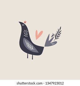 Vector cute doodle bird partridge and plants, decor cut out elements collection, nursery illustration, cartoon character, animal clip art
