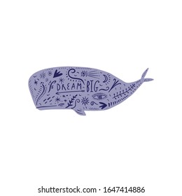 Vector cute doodle cartoon whale, drawing sealife with floral pattern elements, summer animal print with text lettering