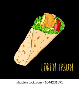 Vector cute doodle cartoon yummy hand drawn chcken roll or  shawarma icon isolated on the black background. Fast food icon. 