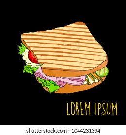 Vector cute doodle cartoon yummy hand drawn sandwich icon isolated on the black background. Fast food icon. 