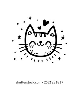 Vector Cute Doodle Cat Face with Stars and Heart