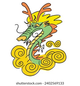 Vector cute doodle Chinese dragon with golden clouds, an isolated hand-drawn cartoon of a Chinese dragon on a white background.