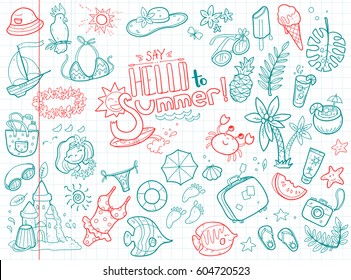 Vector cute doodle collection of summer. The sea, the ocean, the sun, desserts and adventures. Outline illustration on the copybook sheet.