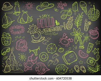 Vector cute doodle collection of summer. The sea, the ocean, the sun, desserts and adventures. Outline illustration on the blackboard