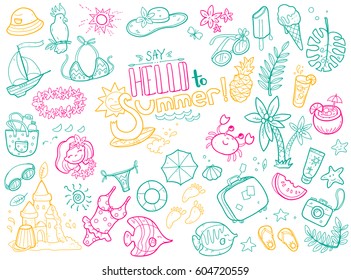 Vector cute doodle collection of summer. The sea, the ocean, the sun, desserts and adventures. Outline illustration. Bright colors