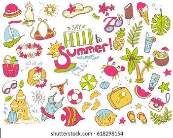 Vector cute doodle collection of summer. The sea, the ocean, the sun, desserts and adventures. Outline illustration. Bright colors