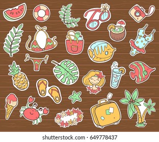 Vector cute doodle collection of summer stickers. The sea vacation, sun, fruits, desserts and adventures. Outline illustration. Bright  colors