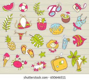 Vector cute doodle collection of summer stickers. The sea vacation, sun, fruits, desserts and adventures. Outline illustration. Bright  colors