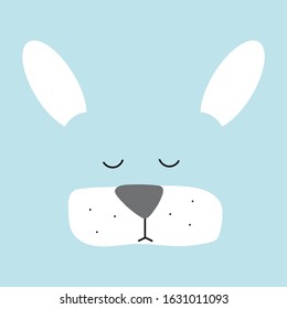 Vector cute doodle face of sleeping blue bunny.