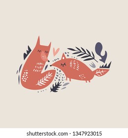 Vector cute doodle foxes and plants pattern, decor cut out elements collection, nursery illustration, cartoon character, animal clip art