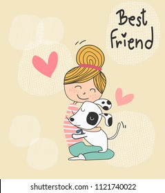 Vector Cute Doodle A Girl Hugging A Puppy Dog,  Best Friend Concept