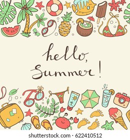Vector cute doodle horizontal background Hello summer. The sea, the ocean, the sun, desserts and adventures. Outline illustration. Bright colors