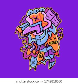Vector cute doodle illustration abstract colorful animal ornament. Illustration of batik for print, fabric, web, promotion, and wallpaper background design