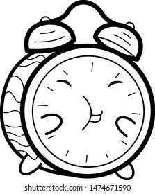 Vector cute doodle illustration of alarm clock character on white background.